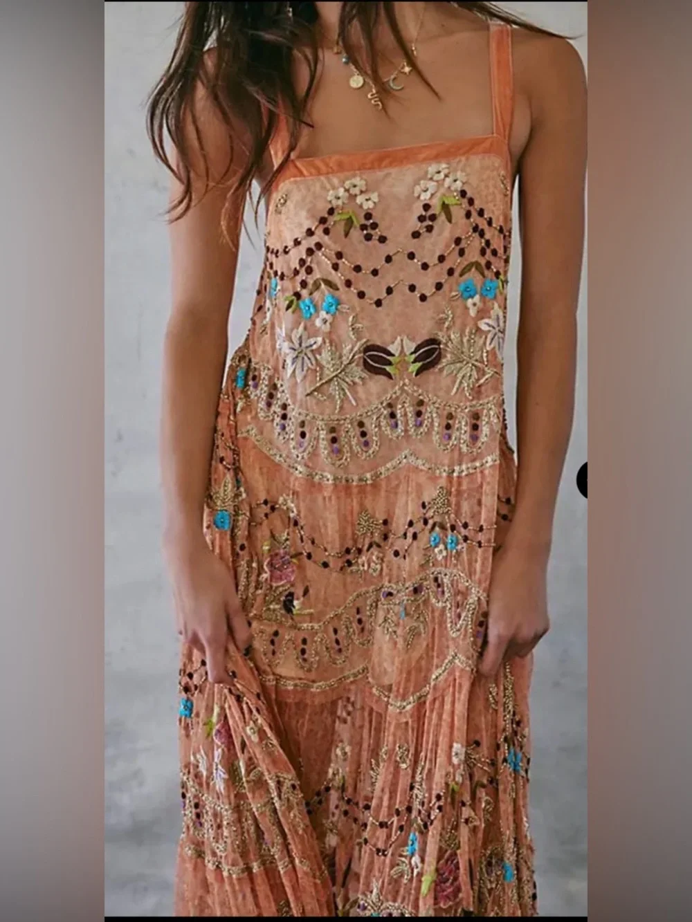 EXQUISITE Free People Peach Embroidered and beaded Maxi Dress - Picture 5 of 14